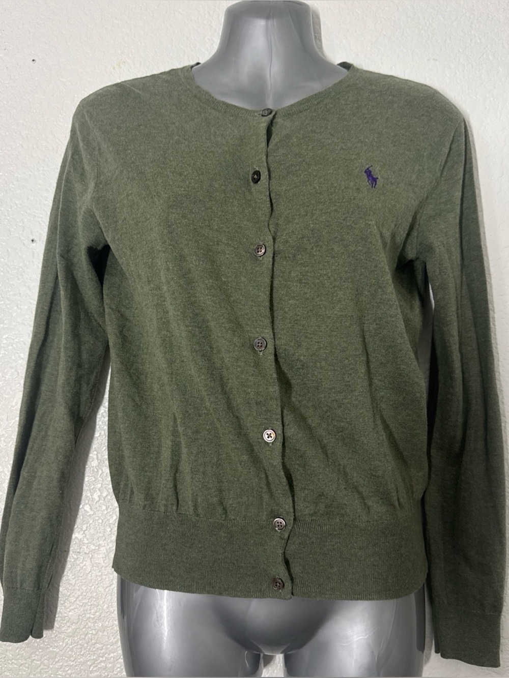 Ralph Lauren Olive Green Button-Front Crewneck Cardigan